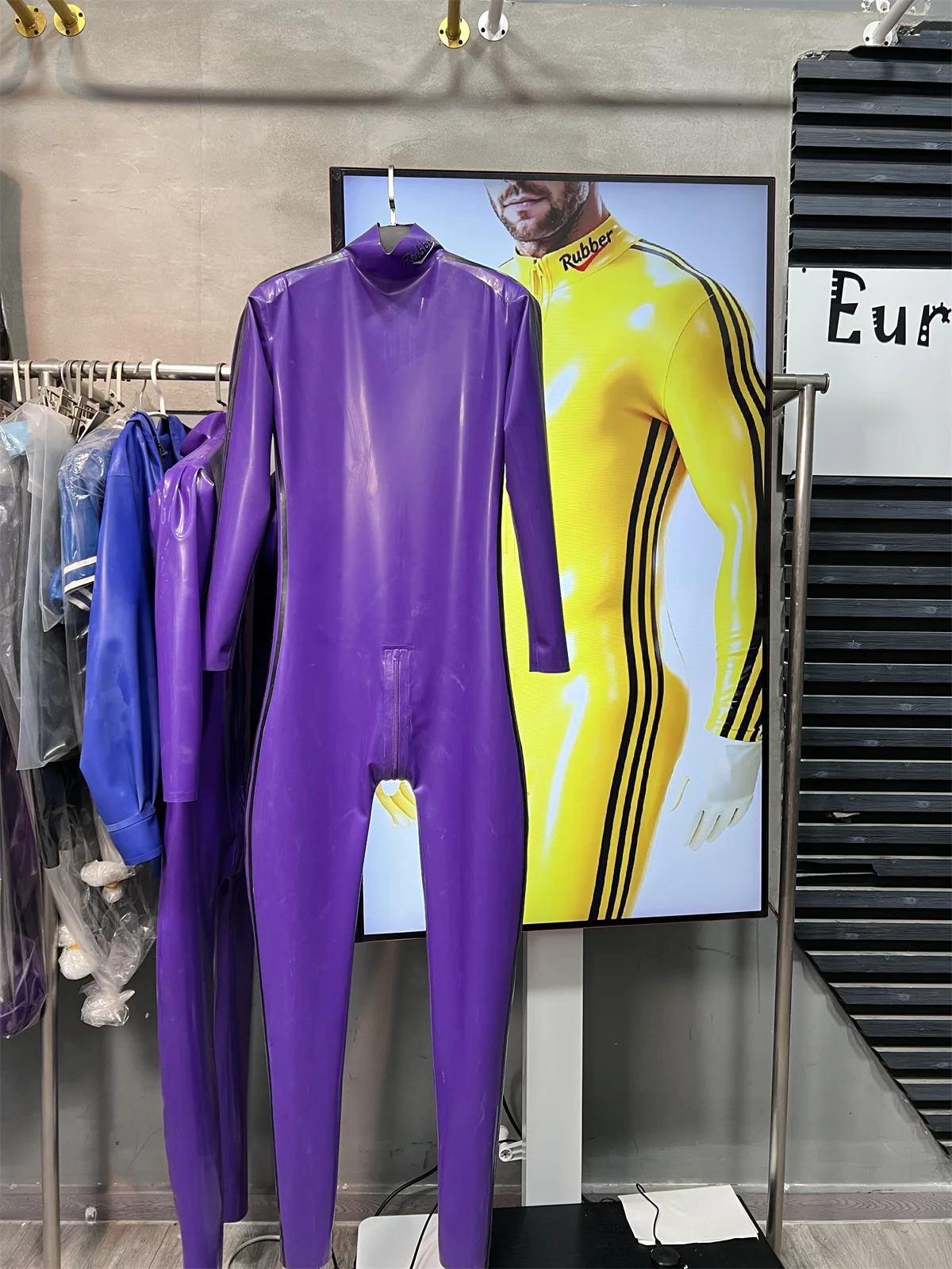 Glossy Purple High Neck Long Sleeve Bodysuit With Side Stripes Male Stage Cosplay Outfit