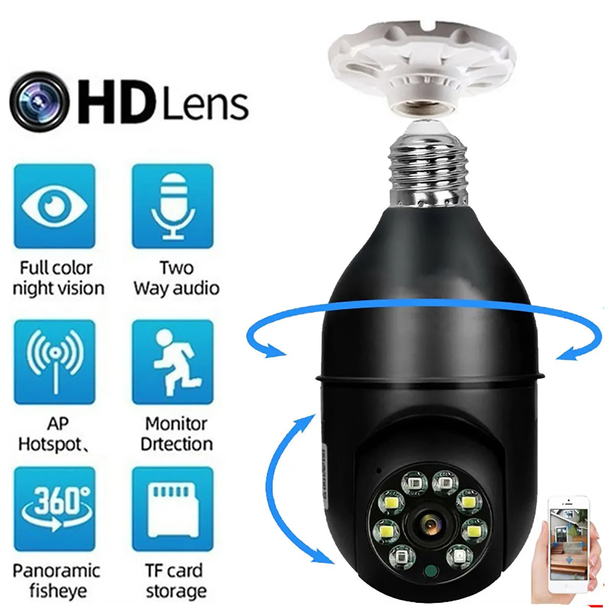 2MP 1080P  E27 Lamp Head Socket Wireless PTZ IP Dome Camera Full Color AI Humanoid Detection Security CCTV Baby Monitor