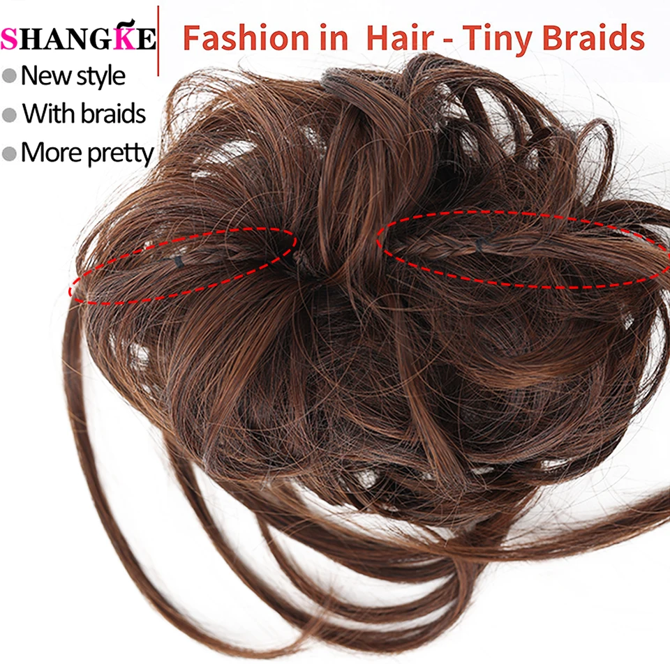 SHANGKE Synthetic Messy Curly Hair Bun With Elastic Hair Bands Long Tousled Updo Chignon For Women Tiny Braids Hair Scrunchies