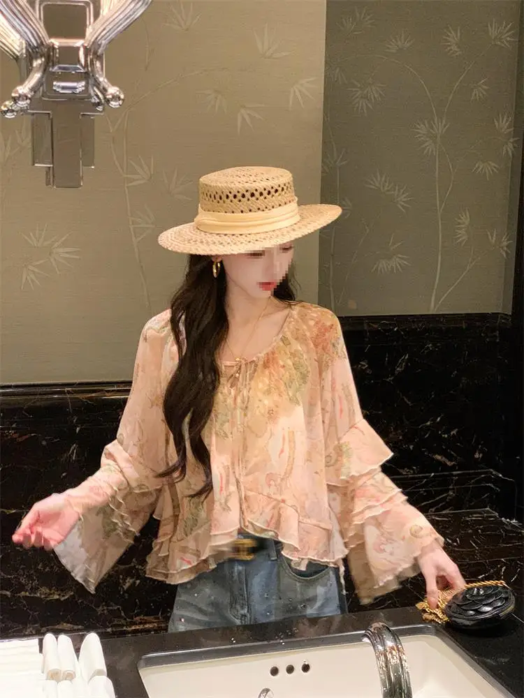 Floral Print Loose Fit Women's Chiffon Top Belted Thin Summer Casual Korean Style Long Sleeve V-Neck Micro Stretch