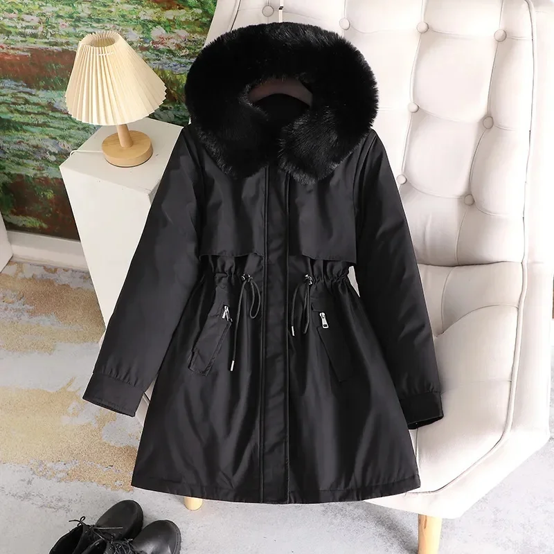 

2024 Winter New Korean Puffer Women Parka Clothes Long Coat Wool Liner Hooded Jacket Fur Collar Thick Warm Snow Wear Outerwear