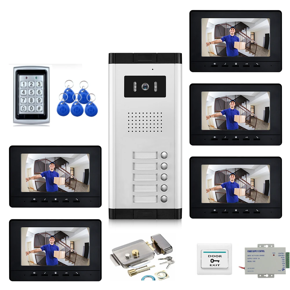 7 Inch Video Door Phone doorbell RFID Access Control and Camera System for 2/3/4/5 Unit multi apartments Intercom