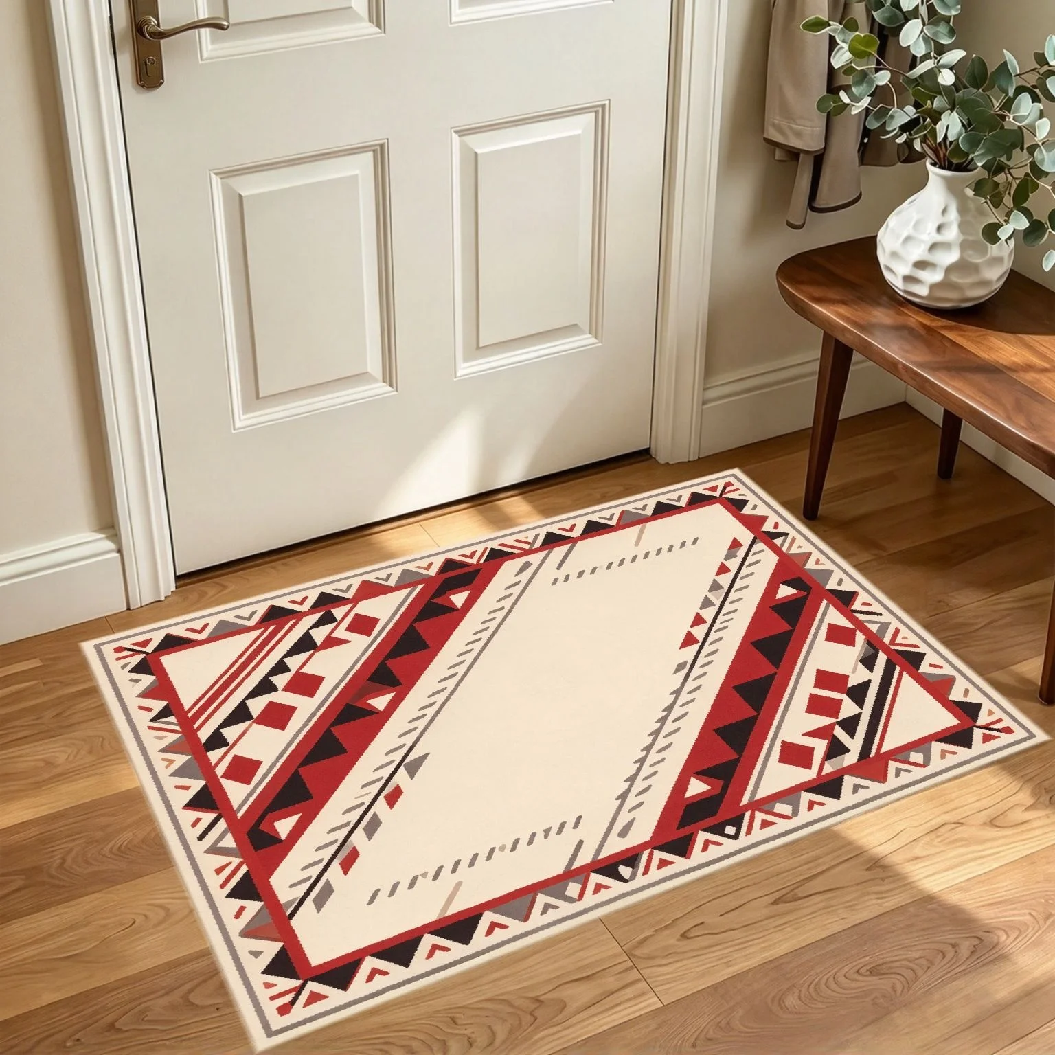 Navajo Style Geometric Pattern Entry Doormat Red Beige Tone Washable Indoor Floor Rug For Hallway Porch Home Decor
