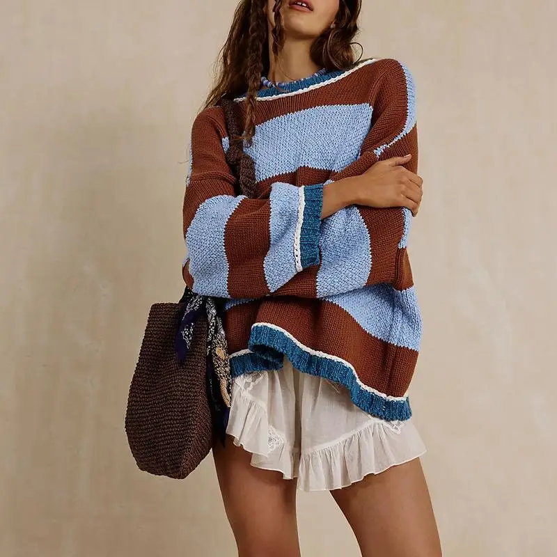 

Женский милый свитер с круглым вырезом Y2K, повседневная свободная толстовка в полоску контрастного цвета, вязаная уличная одежда
