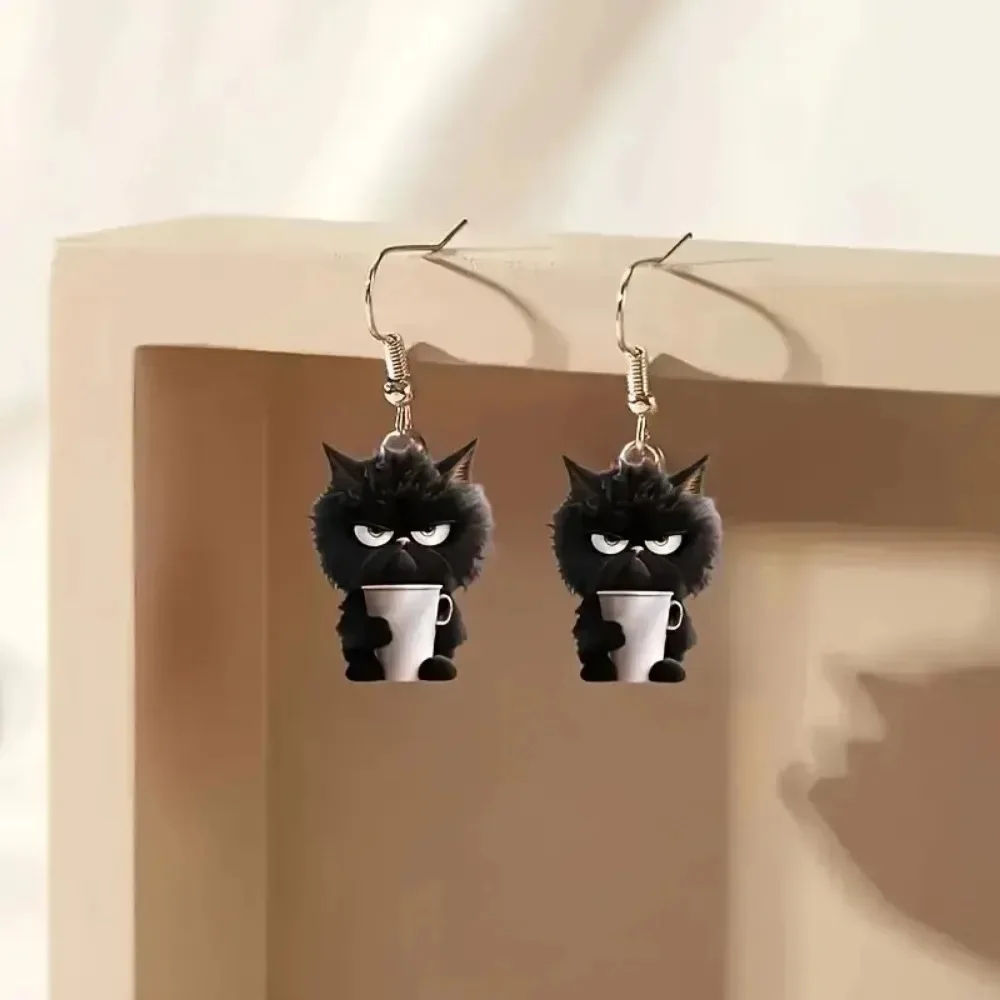 

2D Flat Angry Black Cat Women Acrylic Earrings Fashion Cute Small Animals Unique Earrings for Girls Accessories Personality Gift