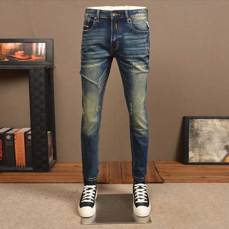 

Designer men'sretro high-quality retro washed elastic slim fit corrugated jeans men's retro pants denim pants hombre