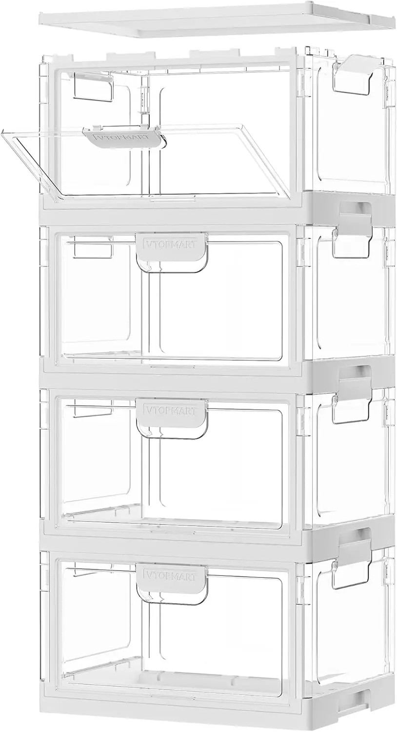 

4-Pack 24 Qt Clear Foldable Storage Bins with Lids & Front Doors, Stackable for Closet, Toy & Pantry Organization