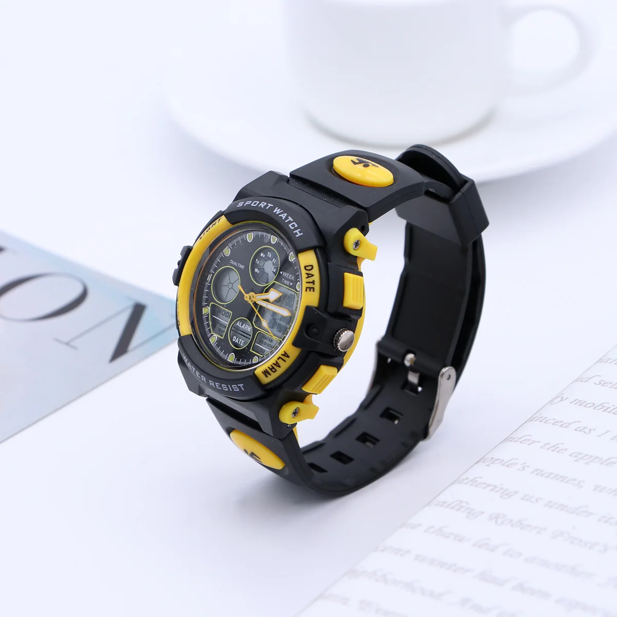 Waterproof Digital Sports Watch Yellow Multifunctional Outdoor Electronic Wristwatch 50m Water Resistant PU Band Stopwatch Night