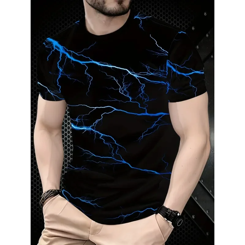 Men 3D Lightning Print T‑Shirt Black Base Blue White Thunder Graphic Crew Neck Short Sleeve Tops