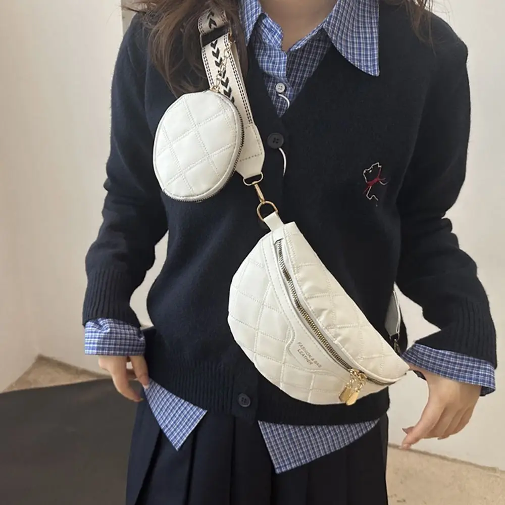 

Elegant PU Leather Crossbody Chest Bag Woven Lattice Pattern Wide Strap Shoulder Bag Stylish Chain Zipper Fanny Pack Sport