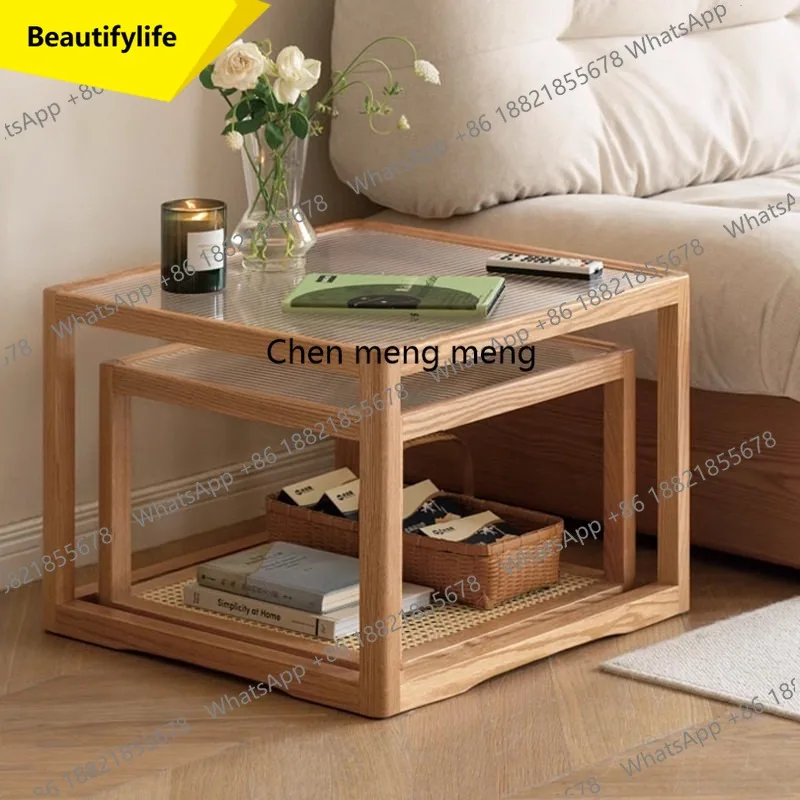 M45 Nordic solid wood glass coffee table designer square table combination oak rattan small tea table