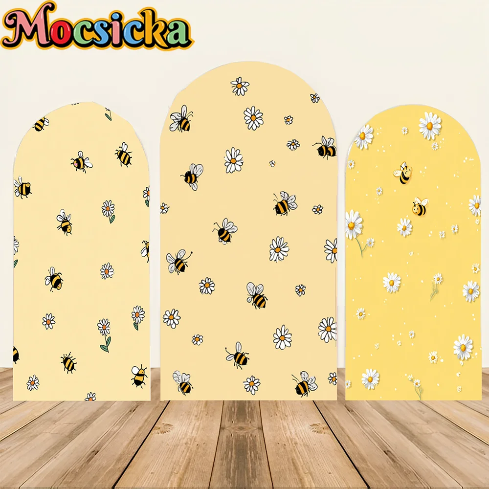 

Bees Arch Backdrop Cover for Happy Birthday Party Yellow Background Stretchy Fabric Fiesta Parties Supplies Decorations