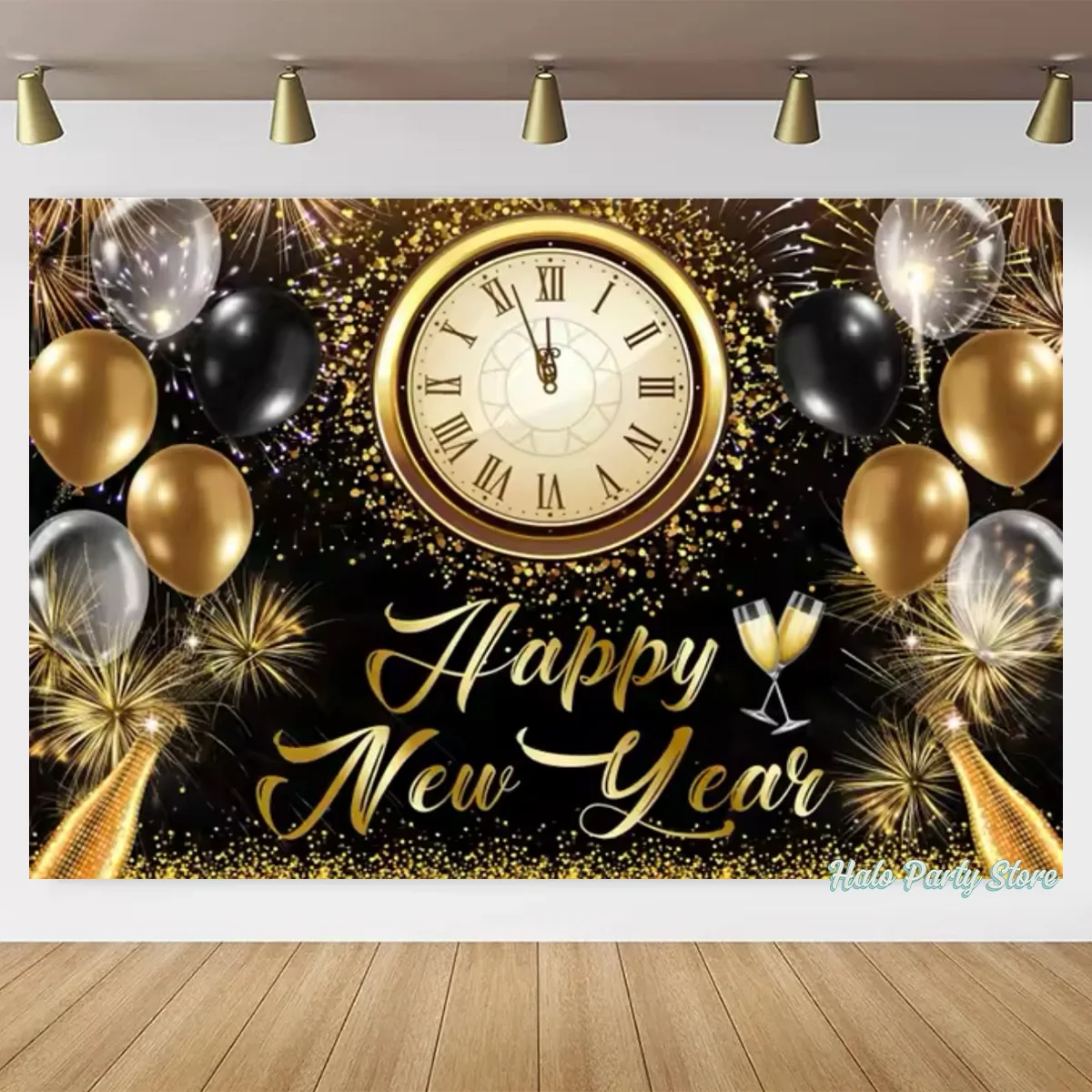 2025 Happy New Year Theme Party Background Fireworks Clock Golden Balloon Family Party Banner Decoration Photography Background