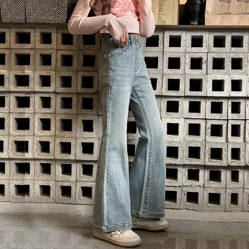 

Весенне-осенние подростковые эластичные брюки-клеш, узкие джинсовые брюки, новые расклешенные джинсы с блестками для девочек, дизайн для детей