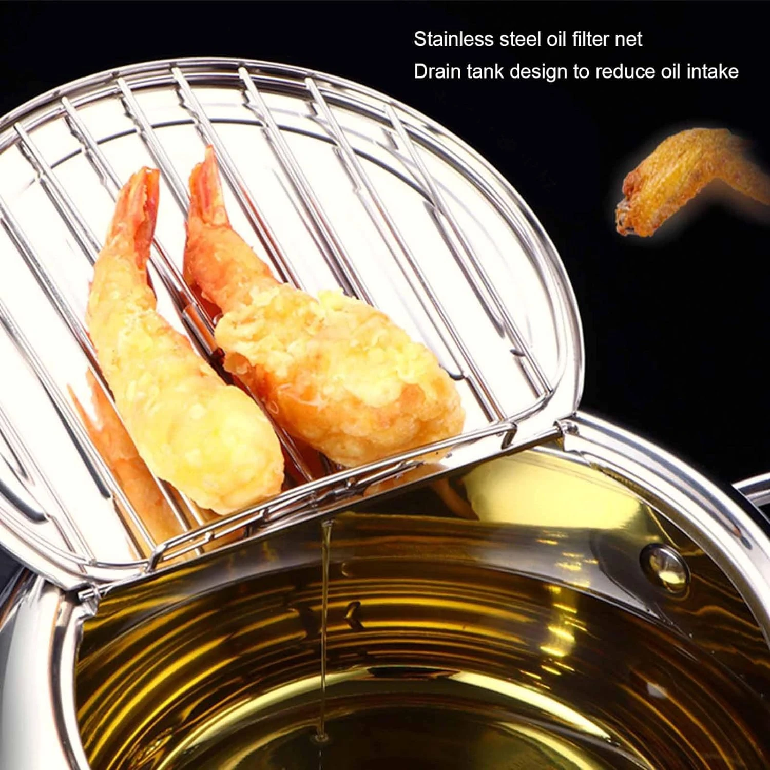 High Capacity Stainless Steel Japanese Deep Fryer Pot with Thermometer, 2.2L Green Tempura Fryer for French Fries, Shrimp.