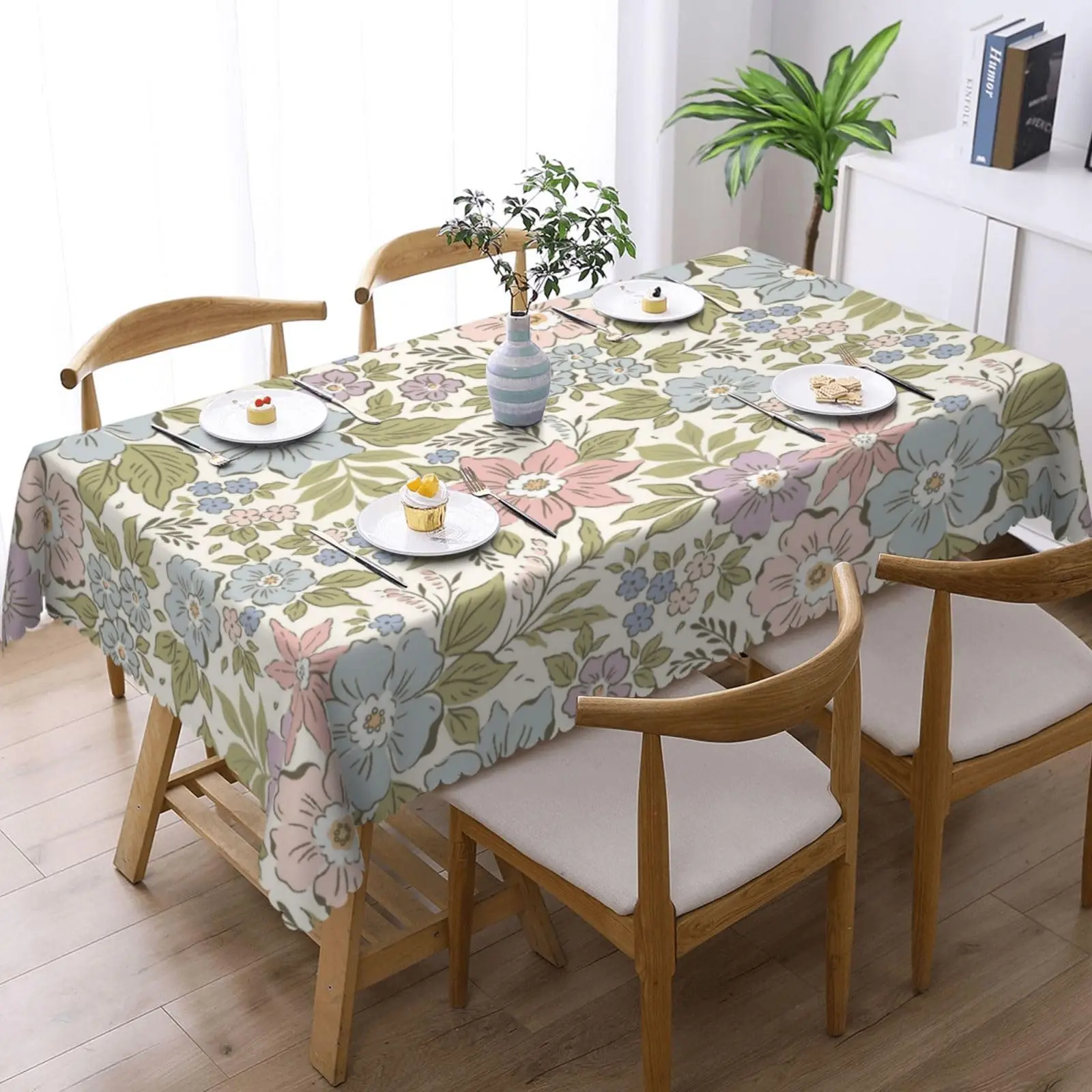 Pink Blue Floral Rectangle Tablecloth Vintage Cute Flower Wildflowers Table Cloth for Party Kitchen Dining Decor Rectangular