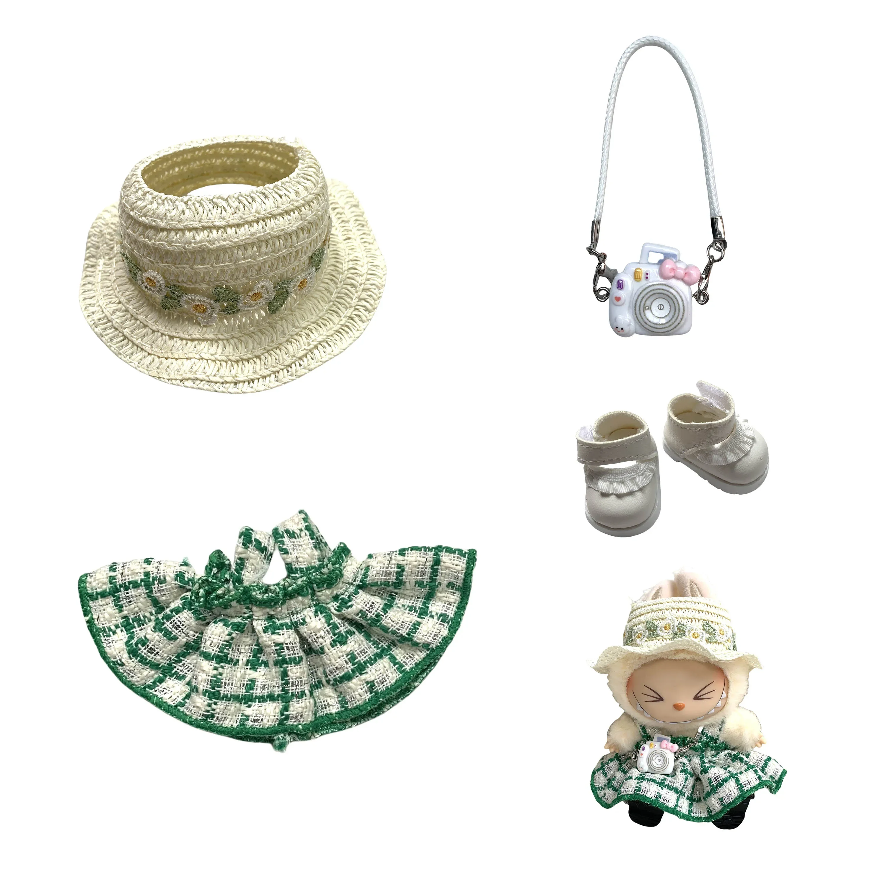 Kleding voor Labubu Mini Doll'S Kleding Outfit Accessoires Groene jurk hoed schoenen Kleding