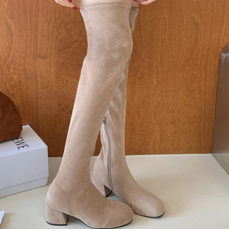 

Women's Solid Color Vintage Block High Heel Over-the-knee Boots Women Side Zipper Fashion Over-the-knee Boot Spring and Autumn