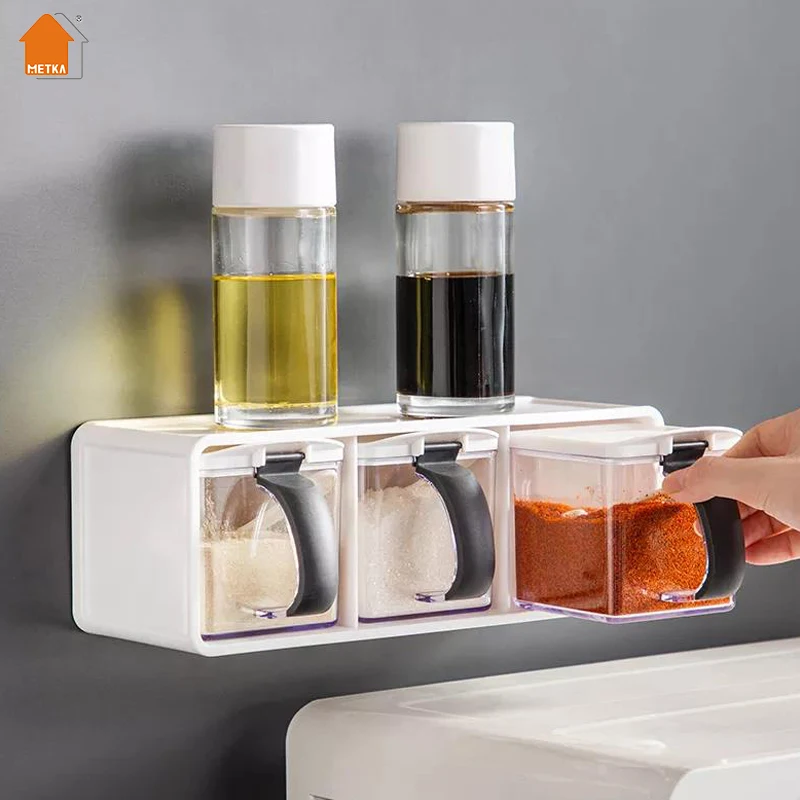 

Seasoning Box with Spoon Wall Hanging Salt Storage Container Kitchen Spice Rack Sugar Bowl Pepper Shaker Seasoning Storage Organ