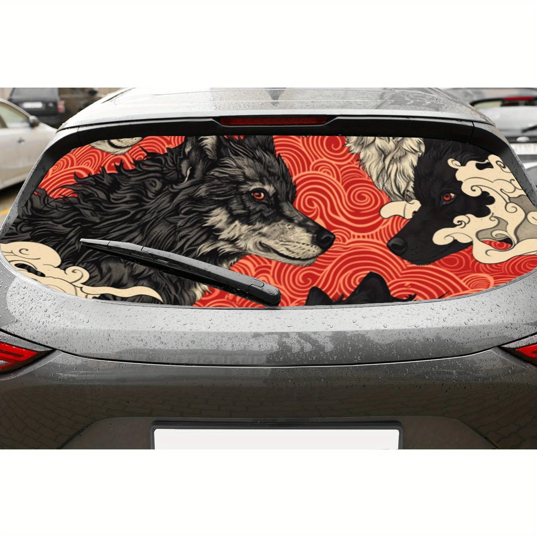 

Ukiyo-e ретро двойные волки, виниловые наклейки на заднее окно автомобиля, художественная наклейка на авто, самоклеящаяся водонепроницаемая отделка заднего стекла