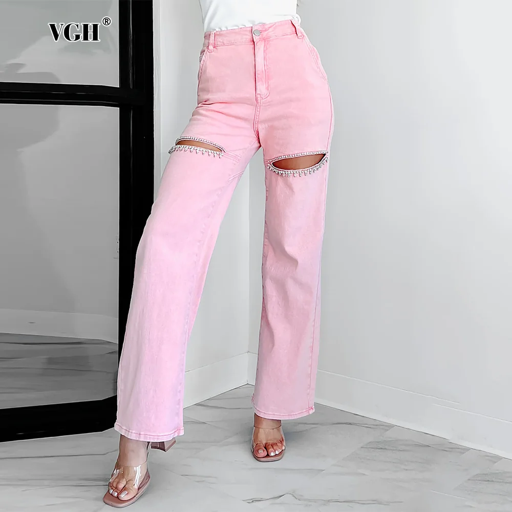 VGH Hollow Out Patchwork Diamonds Denim Trousers For Women High Waist Spliced Pockets Casual Loose Wide Leg Pants Female Style