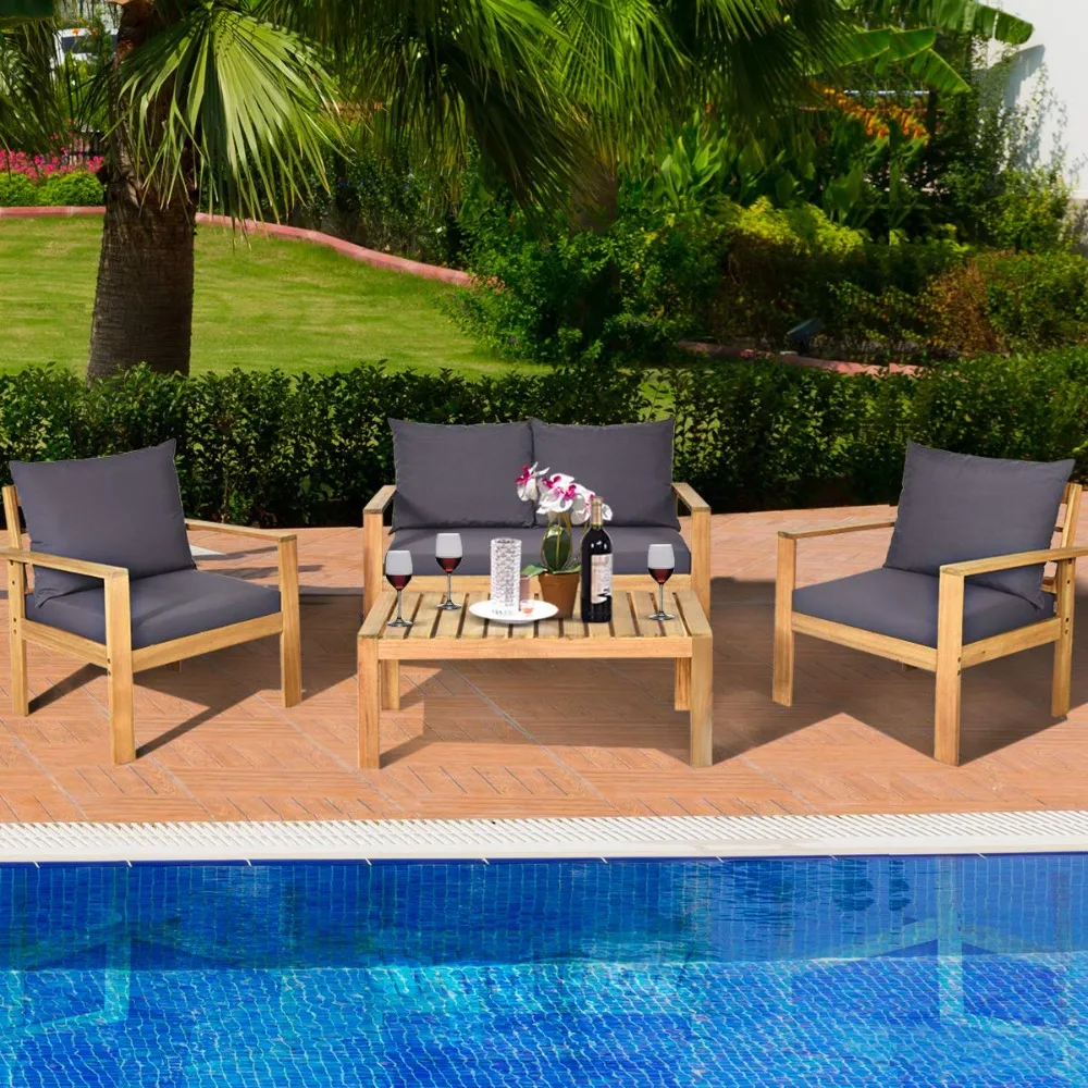 

Outdoor 4-Piece Acacia Wood Chat Set, 4 Seater Acacia Wood Conversation Sofa and Table Set with Waterproof, Customized