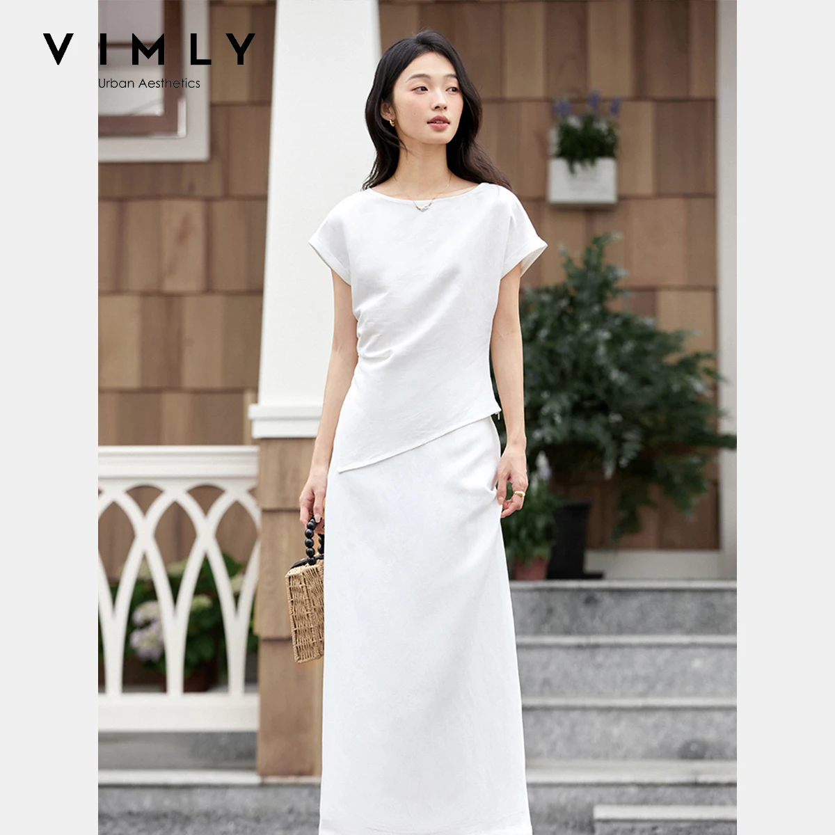 

VIMLY Summer Outfit Woman Skirt Sets 2025 Casual O-neck Irregular Hem Tops Straight Elastic Waist Skirt Ladies Clothes Set A1089