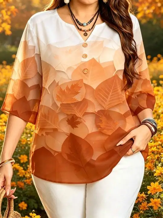 6 Colors Gradient Leaf Floral Print Women Tops Notch V Neck 3 Decor Buttons 3/4 Sleeve Garden Vacation Loose Shirts