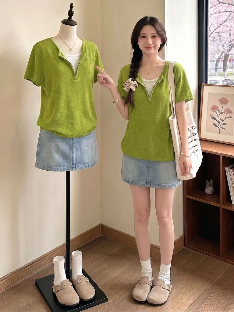 

Green Thin Short Sleeve T-Shirt Women's Summer New Large Size Fat MM Forest System Anti-Aging Fake Two-Piece Top Commute Style