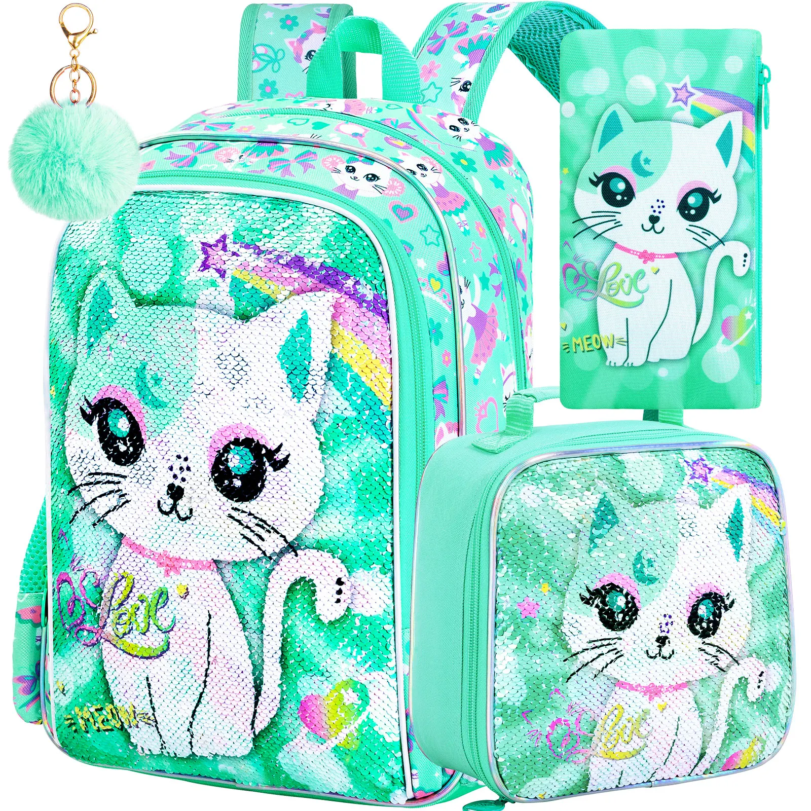 kid's-backpack-3pcs-16-inch-uv-print-cyan-sequin-cat-girls-school-backpack-set-one-backpack-one-handbag-and-one-pencil-case