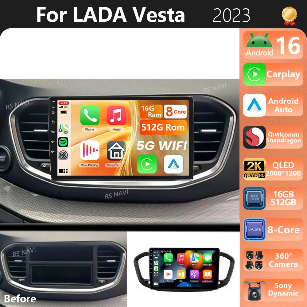 Android 16 Carplay Auto Qualcomm 2K QLED Screen Car Radio Player For LADA Vesta 2023 Multmedia Navigation GPS 4G Stereo WIFI BT