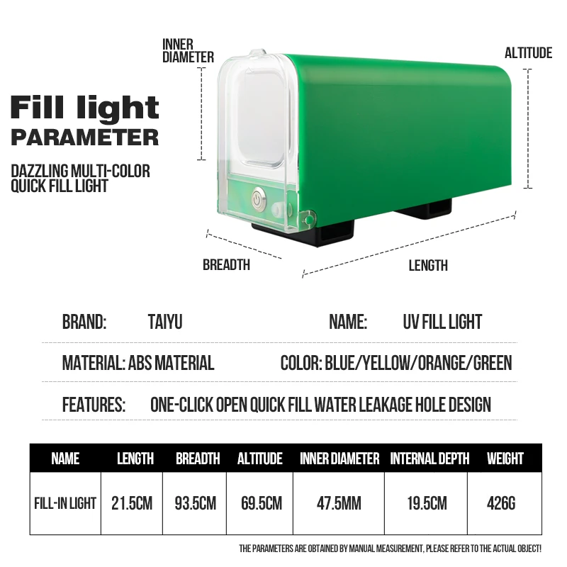 TAIYU-luz de relleno UV operada por batería, herramientas de pesca, señuelo de plantilla de Metal, cebo suave, lentejuelas, luz de relleno