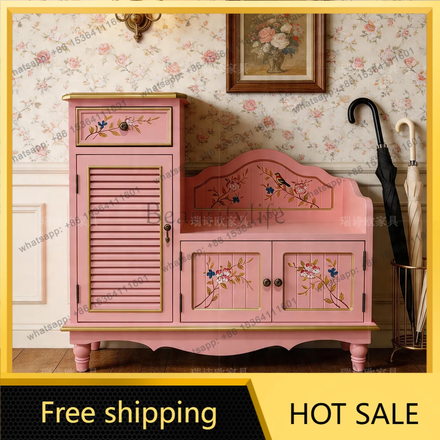 Factory Direct American Country Door Shoe Changing Stool Hand Painted Flower Pattern Integrated Cabinet