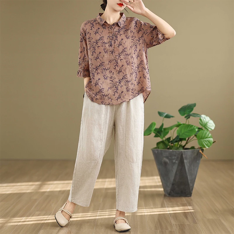 

Женский повседневный комплект больших размеров: рубашка с принтом и брюки, новый стиль для весны и лета, художественный цветочный принт, для работы и отдыха