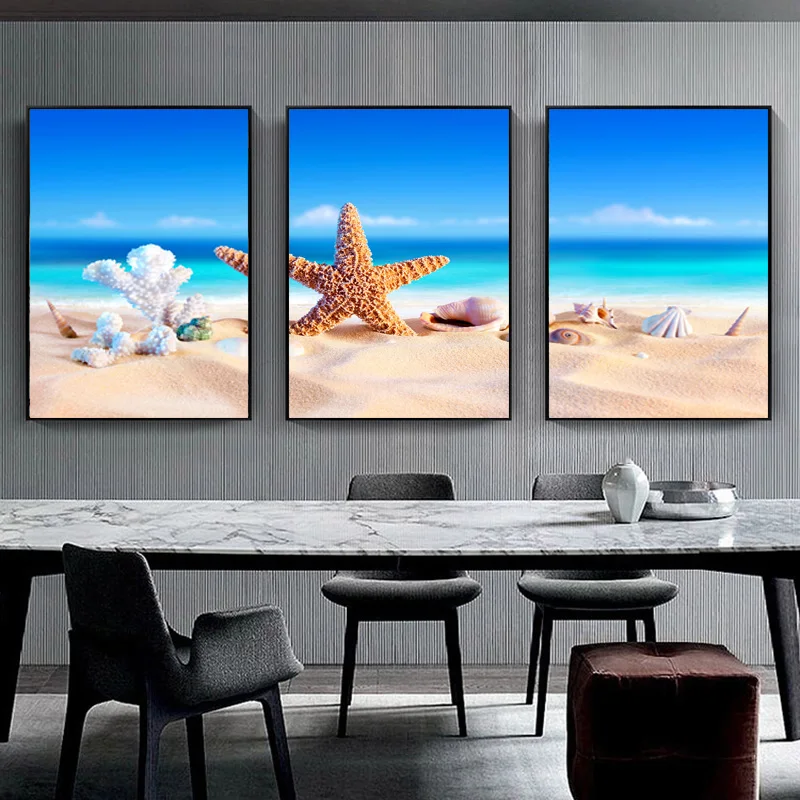 3Pieces Sea Blue Sky Beach Tree Shells Landscape Nordic Modern Canvas Painting Posters and Prints Wall Art Pictures No Frame