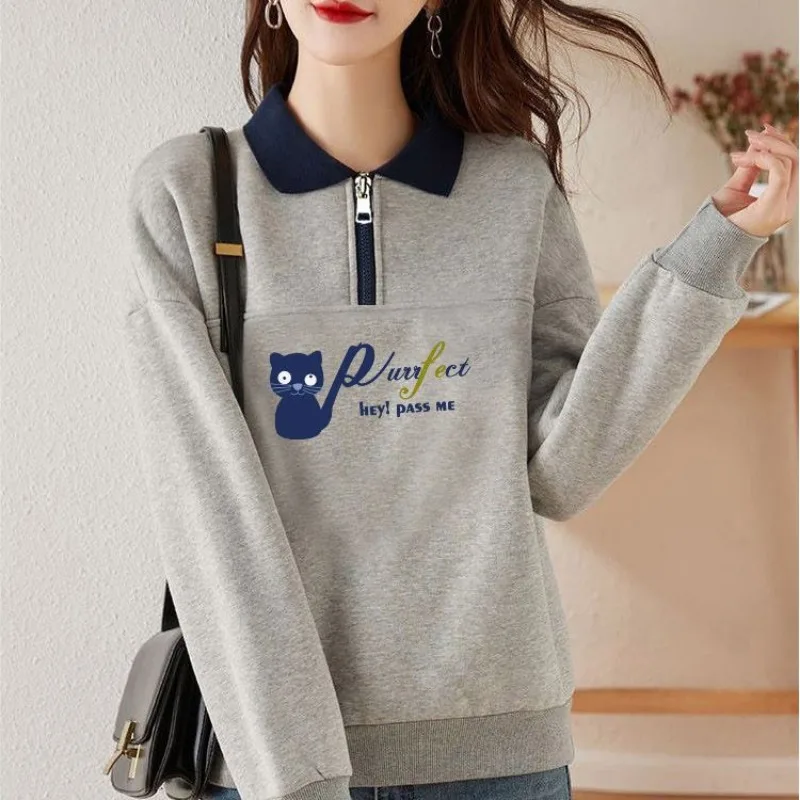 Spring Autumn Women\'s Zipper Geometric Letter Printing Lantern Long Sleeve Peter Pan Collar Casual Elegant Fashionable Tops