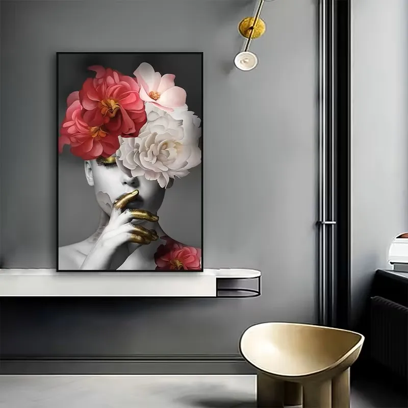 

Modern Red and White Flowers, Female Portrait Art Wall Canvas Poster Paintings, Bedroom and Living Room Wall Home Decoration