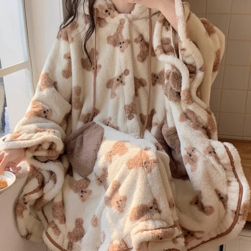 Cartoon Cute Bear Pajamas Girl Autumn Winter Coral Velvet Princess Style Cloak Kawaii Soft Plush Robes Hooded Women Home Clothes