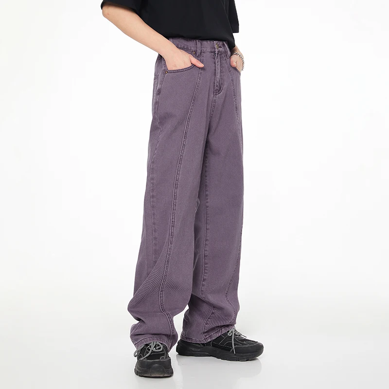 

2024new purple loose jeans men's fashioninscasual all-match street fashion high-end washed wide-leg draggle-tail trousers