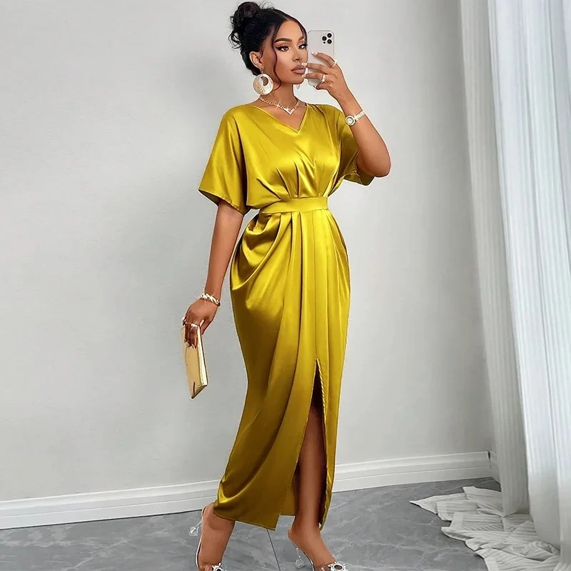 

2025 Spring New Mustard Yellow V Neck Short Sleeve High Waist Slit Slim Elegant Long Dress Women Outfit