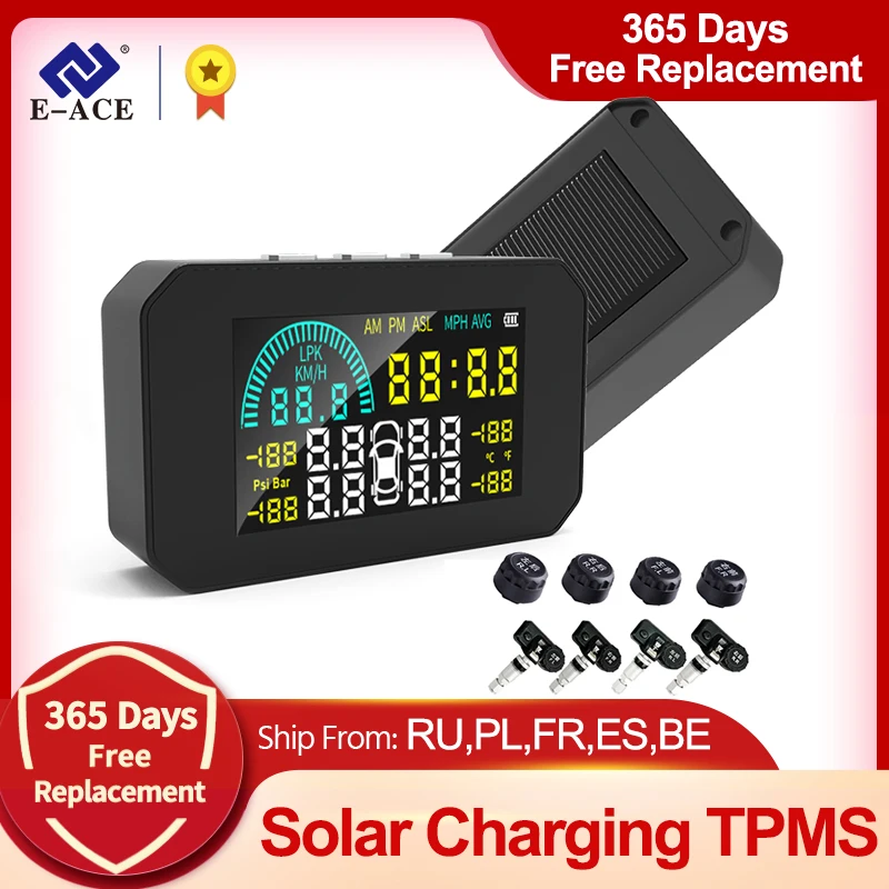 E-ACE  TPMS Solar Car Powered Tire Pressure Sensor K15 Automatic Security Alarm System Digital Display Tire pressure sensors