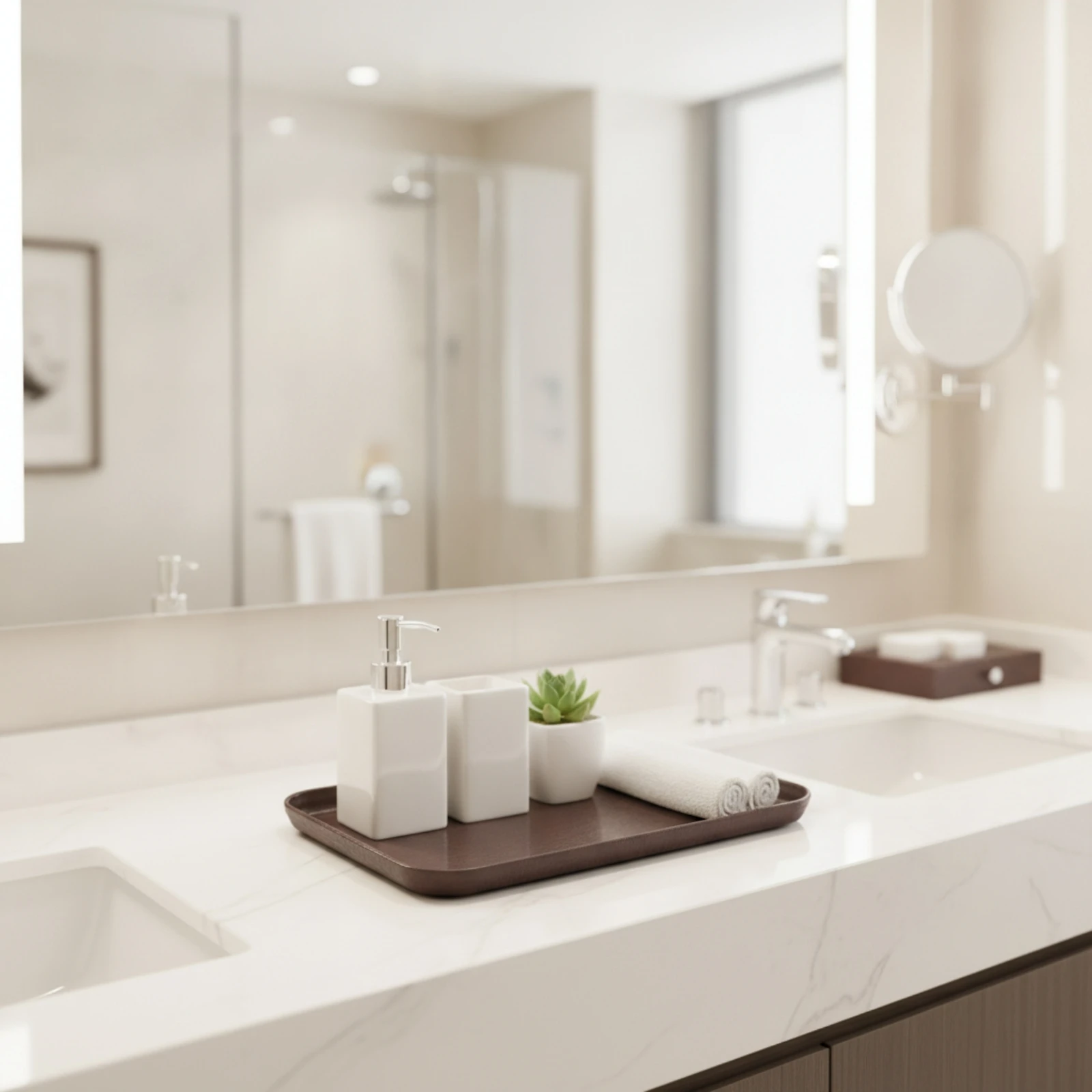 Plastic Tray with Wood Grain Shallow Wood Look Tray Easy-to-Clean Decorative for Countertop, Vanity
