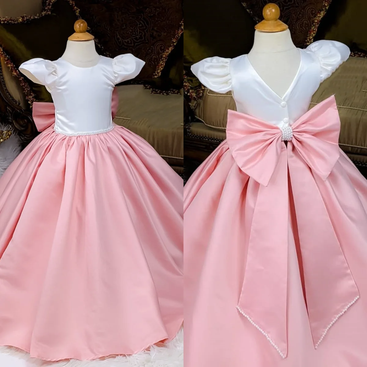 

Customized White & Pink Flower Girl Dress For Wedding Floor Length Princess First Communion Bow Back Birthday Gown