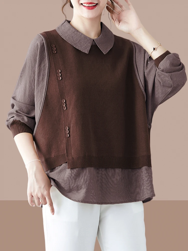 

Spring Autumn New Sle Ladies Sweatirt Fake Two-Piece Loose Large Size Women's Clothing Patchwork Collar Pull-Over Korean ...