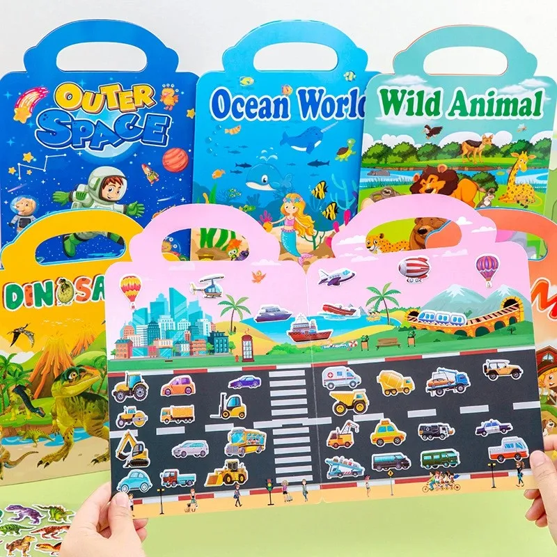 Reusable Cartoon Sticker Book for Kids Multiple Scenarios Cartoon DIY Puzzle Educational Learning Classic Toys for Kids 3-6Y