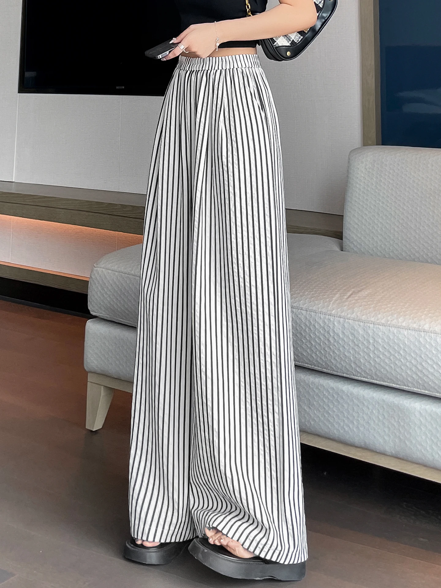 Black Vertical Striped Wide Leg Pants Women Summer 2026 New Lazy Style Loose Drapey Loose Straight Thin Pants Casual Commute