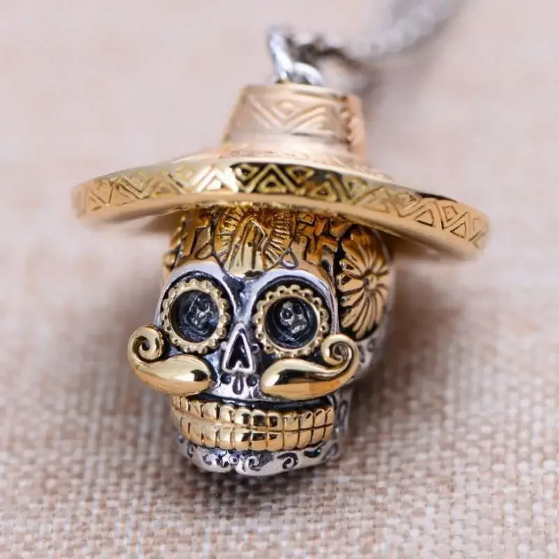 Straw Hat Skull Pendant Necklace for Men Punk Vintage Biker Necklace Jewelry His Gift