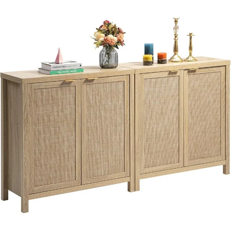 

Credenza Sideboard Buffet Cabinet - Boho Rattan Kitchen Storage Cabinet with 4 Rattan Decorated Doors - Accent Liquor Cabinet