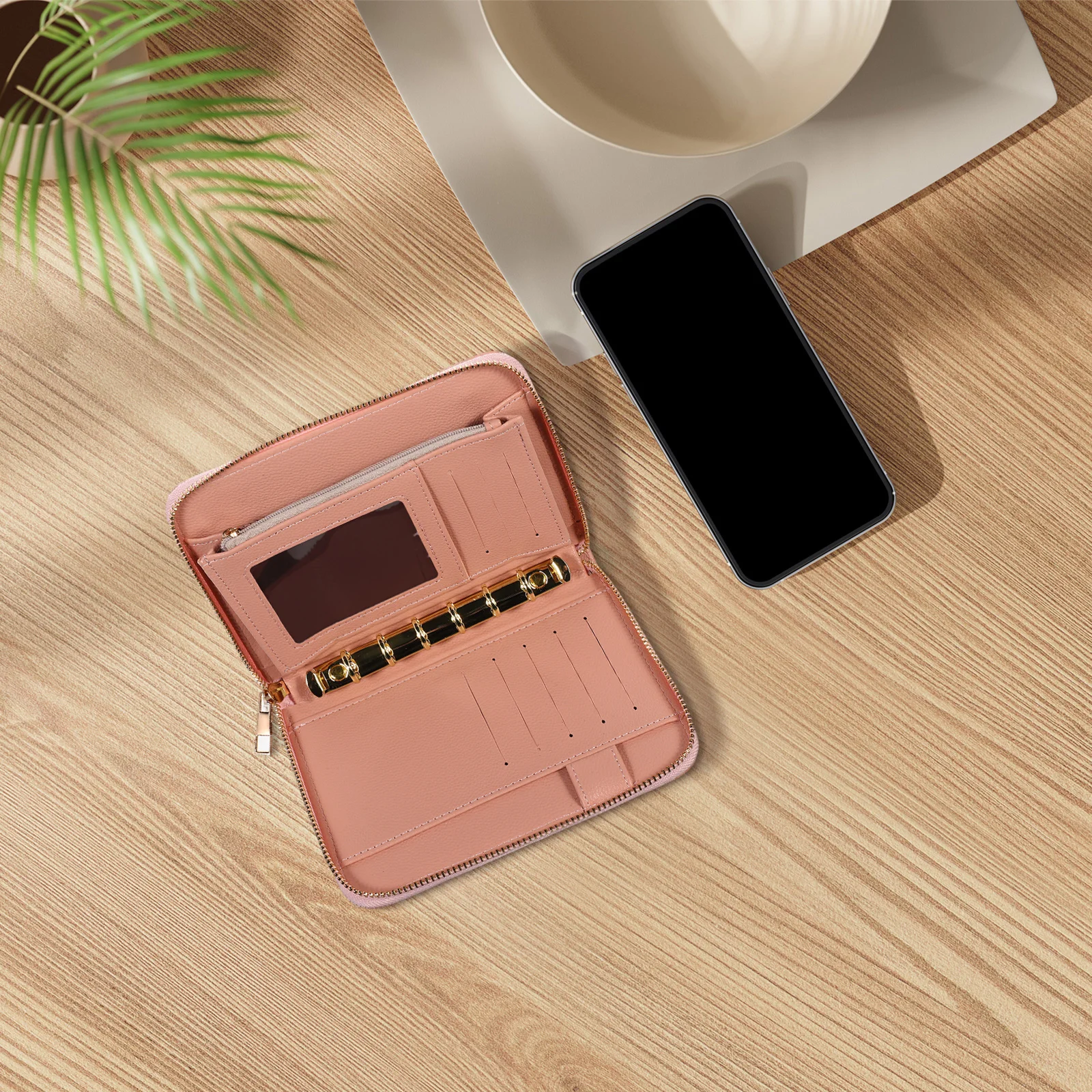 Pink PU Budget Binder Cash Holder Wallet Zipper Organizer Refillable Planner Money Saving Card Holder for Women