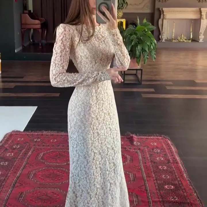 Elegant Lace Dress Long Sleeve Maxi Dress Women Vocation Bodycon Party Gown Holiday Beach Dress Платье С Длинным Рукавом